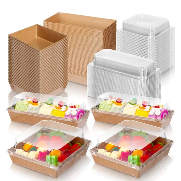 透明で安全な蓋付きの紙製シャルキュトリボックス、クッキーサンドイッチ用の茶色の正方形の使い捨て食品容器ペストリーベーカリーボックス