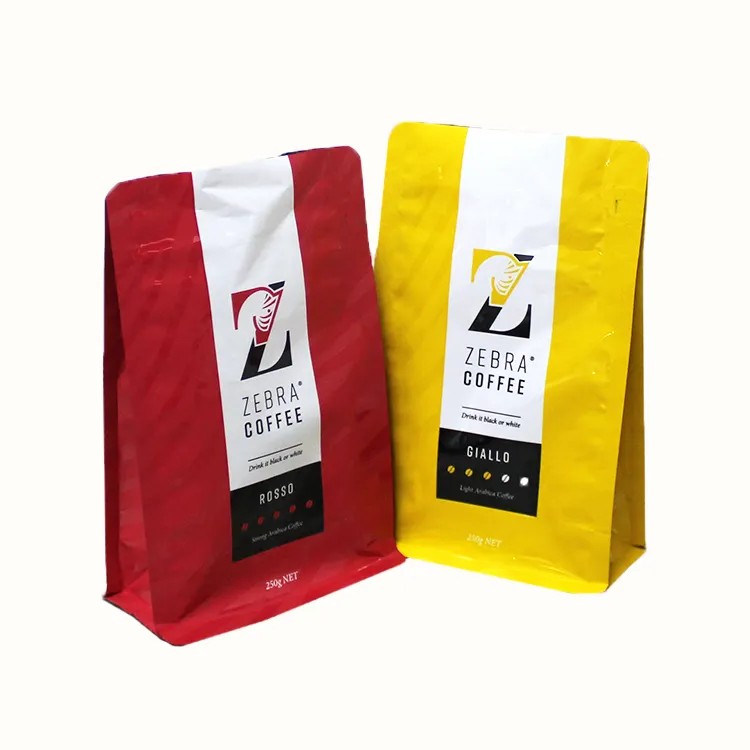 OEM-bolsa de café flexible forrada con fondo plano, 250g, 500g, 1000g, resellable con pestaña de tracción, válvula de cremallera