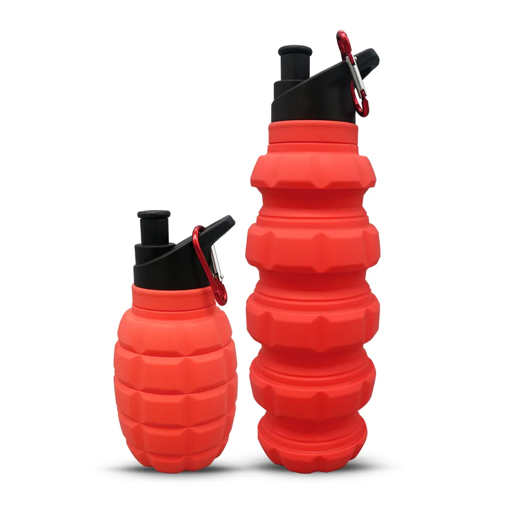 カスタムロゴとカラー折りたたみ式580ml手榴弾形状シリコンウォーターボトルシリコンスポーツウォーターボトル