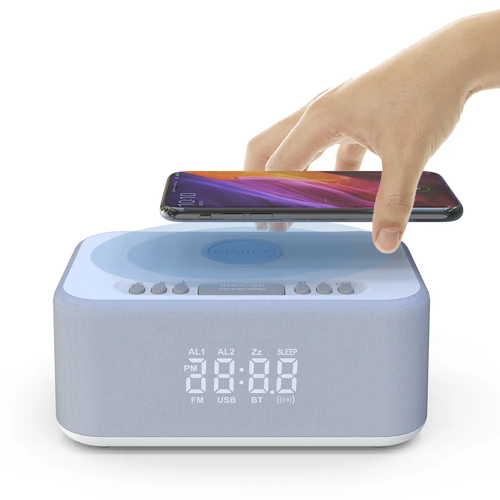 Amazon Hot Selling 10W Wireless Charging Super Bass Portable Bluetooth Dual Alarm Clock Speaker