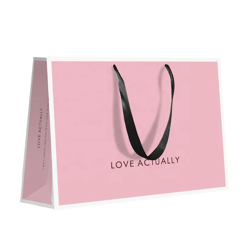 도매 의류 의류 신발 종이 가방 핑크 로고 인쇄 소매 블랙 가방 의류 쥬얼리 메이크업 시계 포장