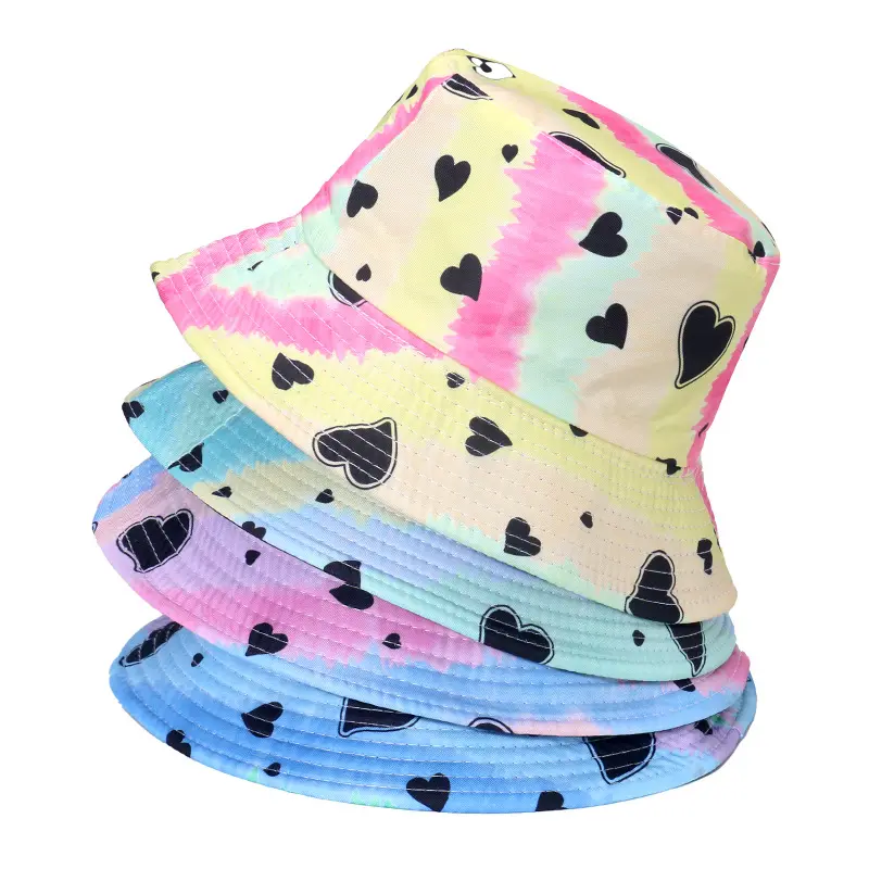 2024 Spring Summer Beach Travel Camping Creative Candy Color Tie Dye Striped and Black Heart Print Bucket Sun Cap Hat for Women