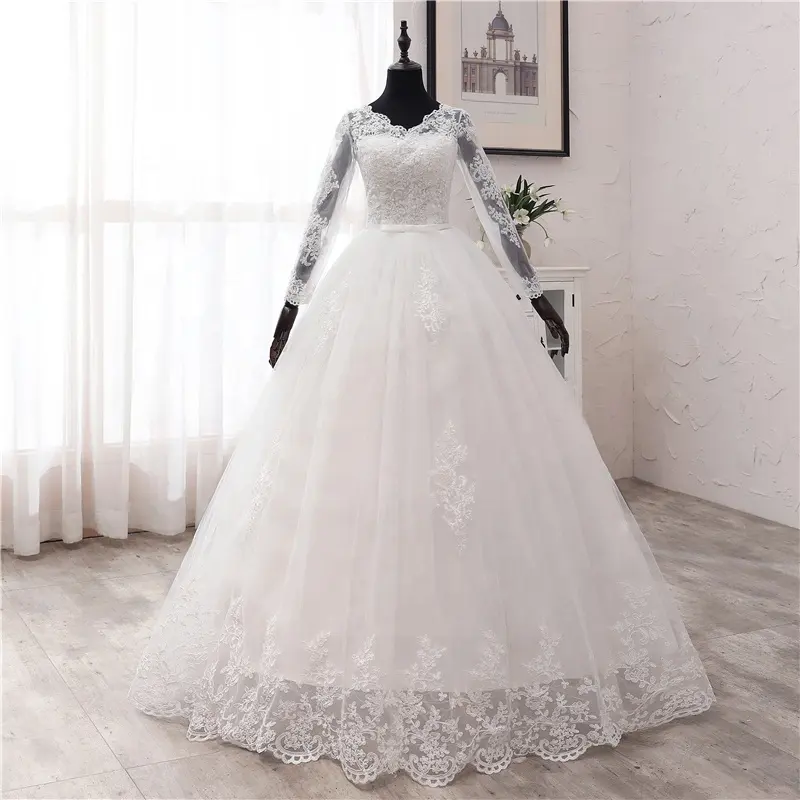Vestidos de noiva, nova primavera de renda apliques vestidos de noiva manga comprida decote em v branco princesa casamento tamanho grande