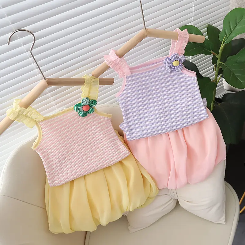 गर्मी की पोशाक 2 टुकड़े-सेट पोशाक बच्चों के लिए गुलाबी और पीले बच्चों को गर्मी के कपड़े 2023 नई शैली