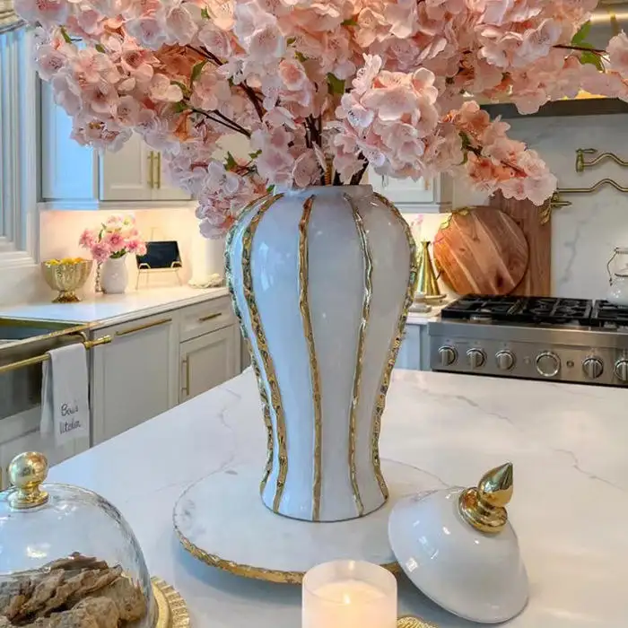Centro all'ingrosso del vaso del bocciolo floreale, lusso bianco e oro barattoli di zenzero decorazioni per la casa, vasi in ceramica e porcellana