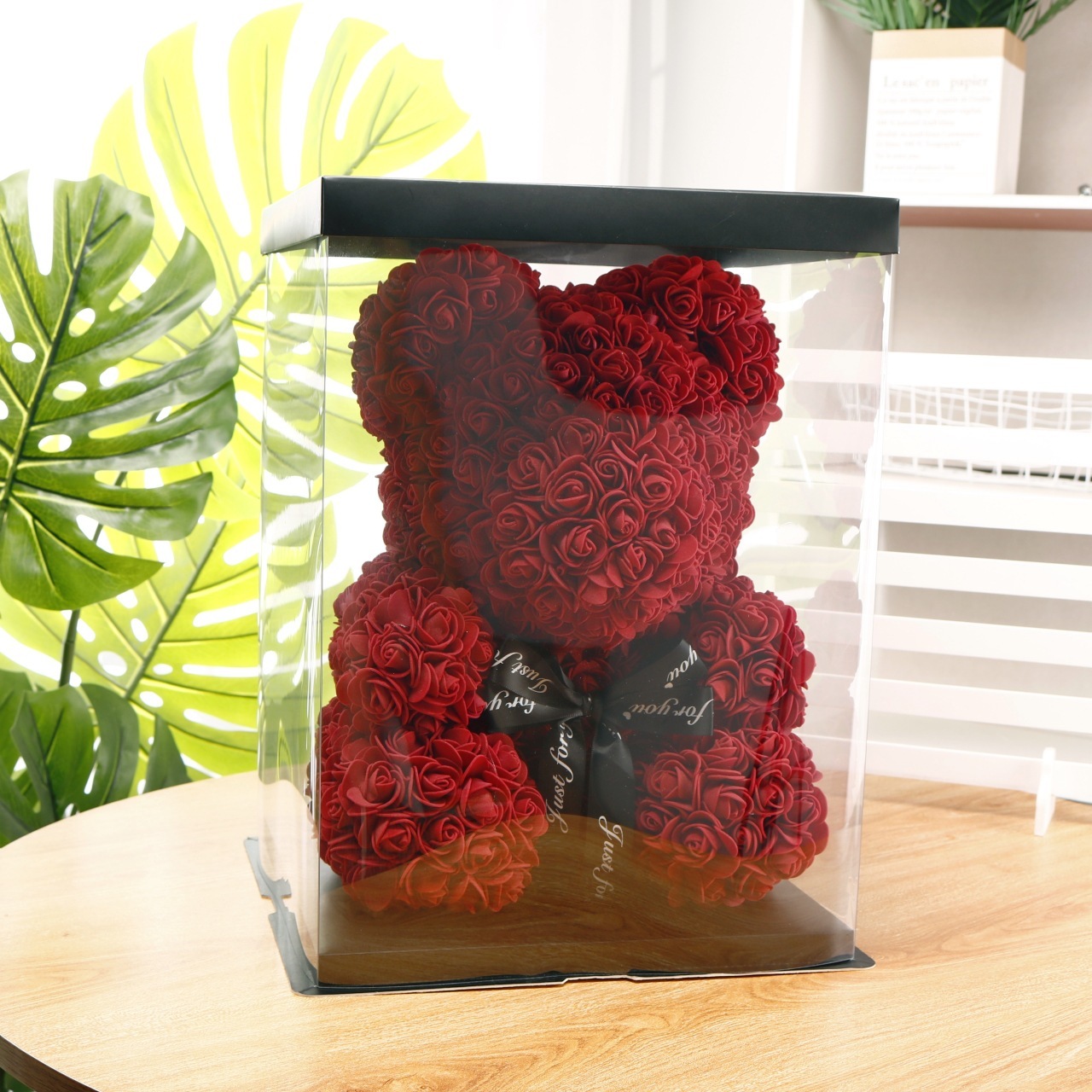 Oso de flores + caja de regalo de 40 cm + lámpara - rojo vino