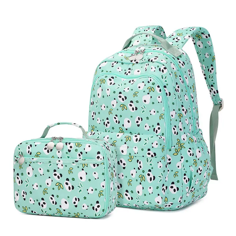 POSH DREAMS Cute Green Cartoon Panda School Bag Schoolgirl Lunch Bag Mochila Conjunto de dos piezas SAC a dos scolaire