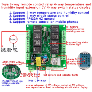 Tuya 8チャンネルWiFi/Zigbeeリモートコントロールリレーサポート4ウェイ回路ステータス表示 + 4温度と湿度入力制御 - Product Image 3