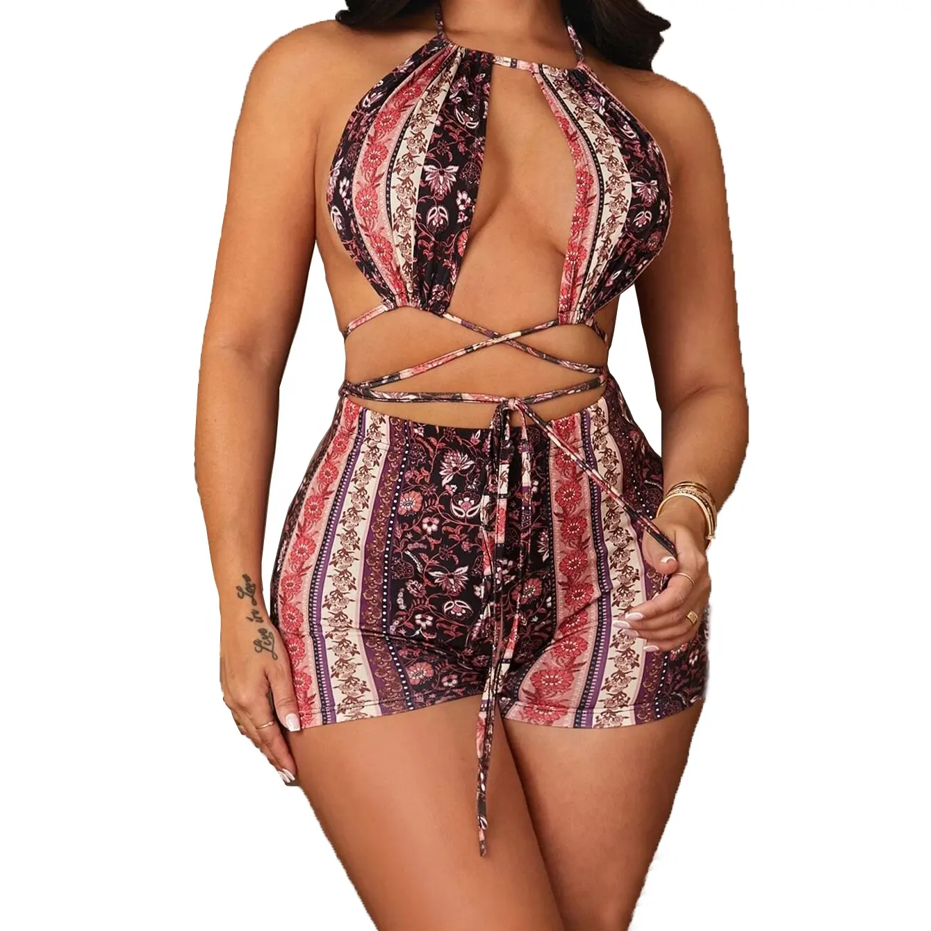 Oti Textile all'ingrosso donne di alta qualità vestiti Sexy stampati Criss-Cross Backless Halter Top e Biker Short Women 2 pezzi Set