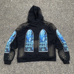 Auf Lager Großhandel 400 Gsm Heavyweight Streetwear Französisch Terry Cotton Sun Faded Sun lashed Strass Overs ize Boxy Fit Hoodie Herren - Product Image 3