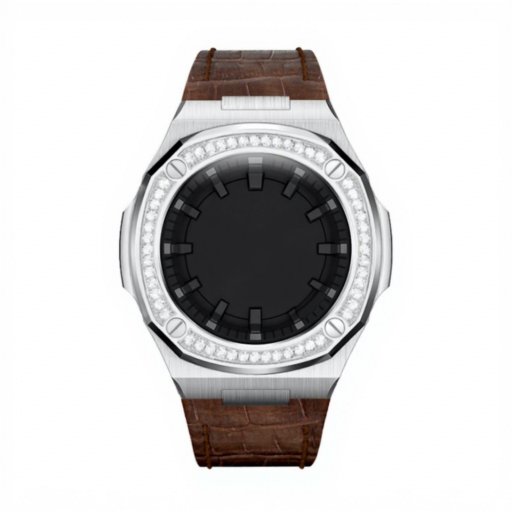 Silver case+ brown leather band