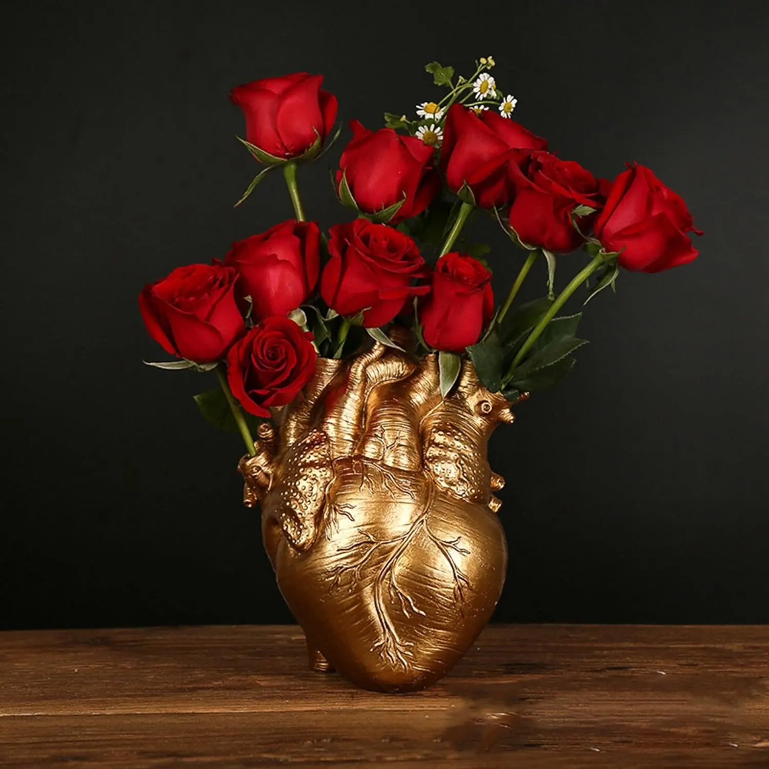 Gold Anatomical Heart Vase Resin Flower Pot Desktop Ornament Heart Shaped Vases for Flowers Heart Sculptures Home Decor