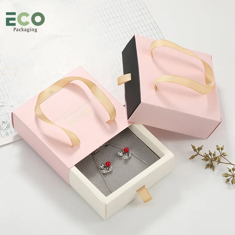 Cajón de cartón deslizante para collar, pendiente, pulsera, anillo, regalo personalizado, papel de embalaje plegable, caja de joyería