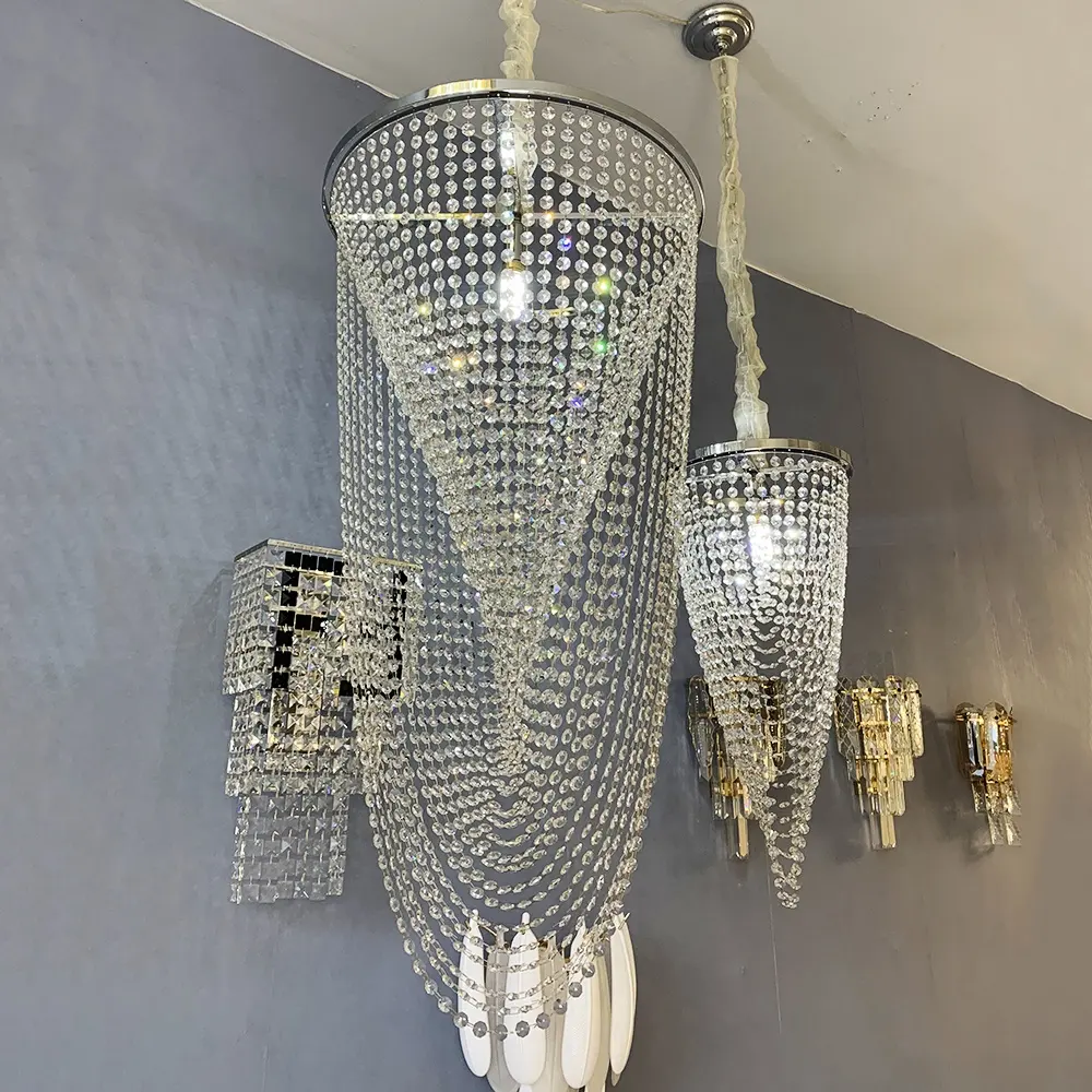 Elegante lámpara colgante de techo alto largo LED candelabros de cadena de cristal para escaleras entrada de casa vestíbulo pasillo