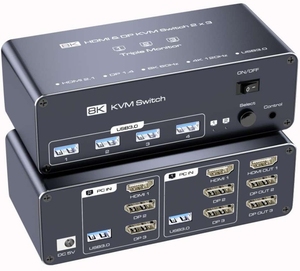 2x3HDMI KVM开关8K60Hz 2进3出三重监视器KVM HDMI扩展监视器USB KVM开关电脑配件