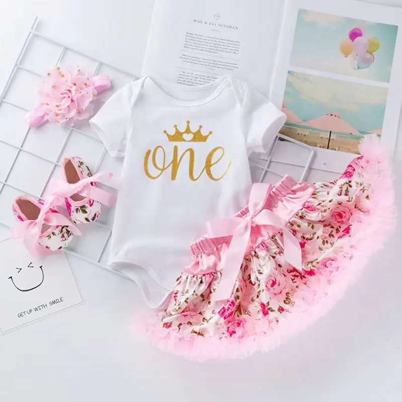 Conjunto de roupas infantis, 2019, moda 1-2 anos, roupas de bebê para meninas, primeiro aniversário, tutu + tops + tiara + sapato, 4 peças, vestidos de festa para meninas, design de bebê