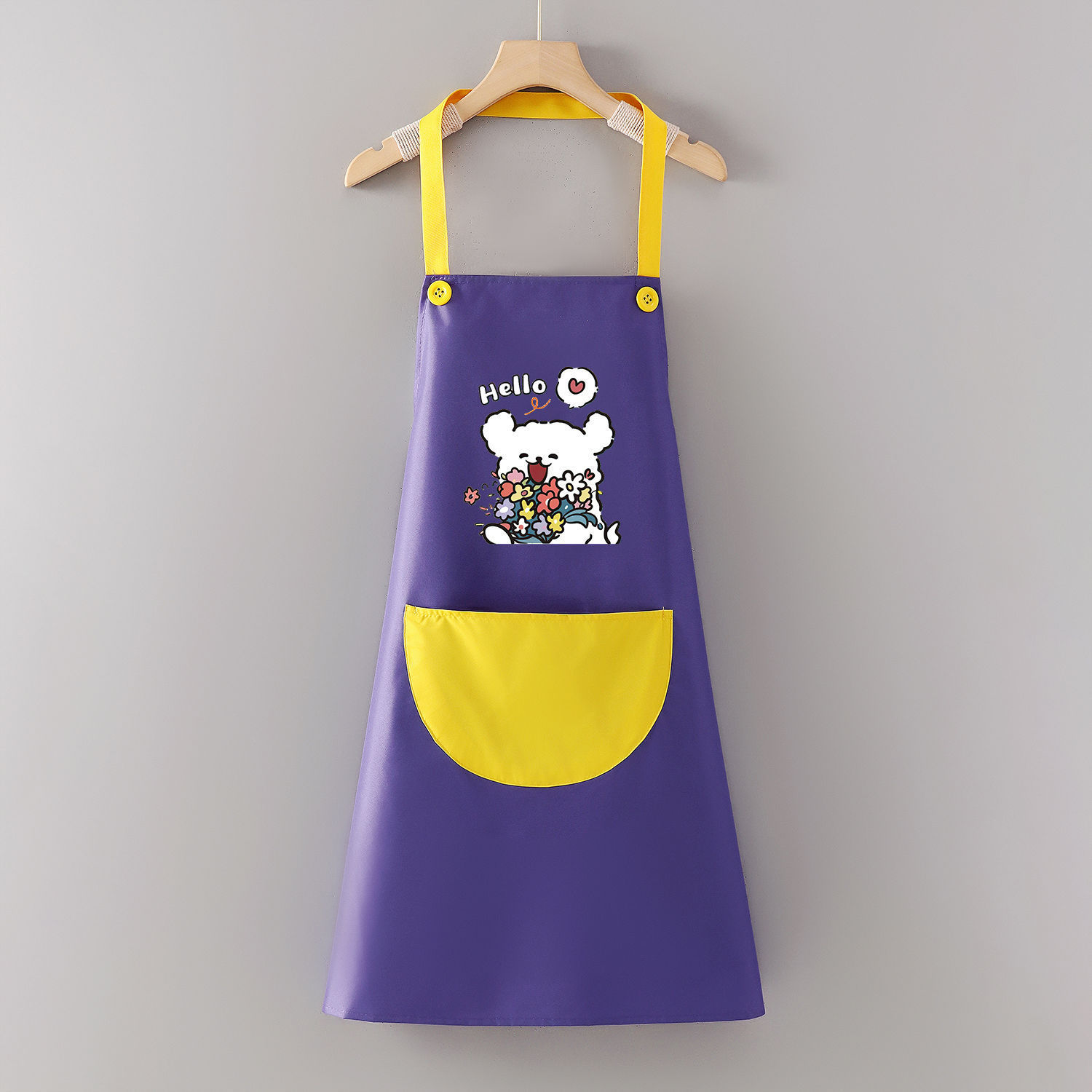 Oso de peluche con ramo halter impermeable, estilo común en morado y amarillo.