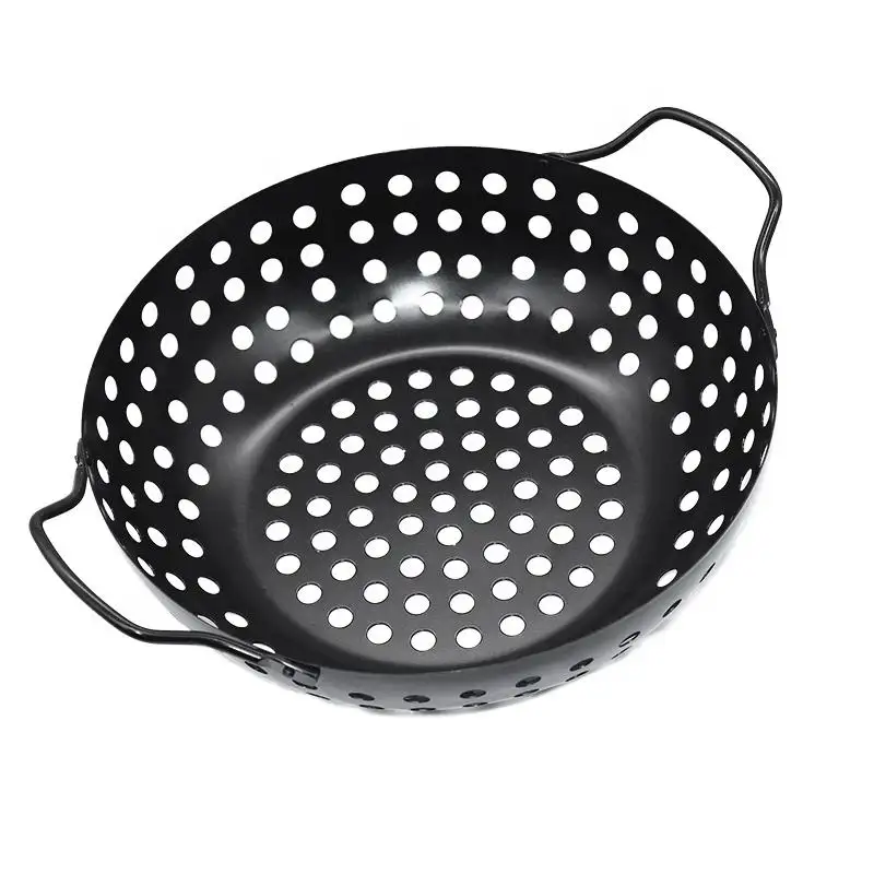 屋外バーベキュー調理 & ベーキングキャンプツール用のバスケット穴付きの高品質の耐久性のあるノンスティックラウンドステンレス鋼グリル中華鍋