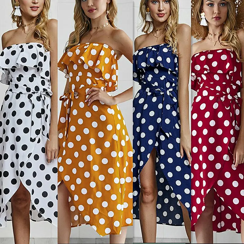 Pretty Steps 2024 Polka Dot Imprimer Taille Cravate Sans Bretelles Split Ruffle Off-épaule Robe Midi pour Femme