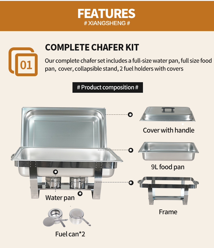 9L 3.5kg  Buffet rectangle  stainless steel chafing dish with stand cheap economy chafing dish
