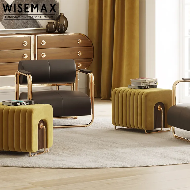 Taburete con patas de metal y lino para sala de estar, taburete moderno otomano de terciopelo tostado, de lujo