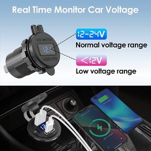Presa per caricabatterie rapido per auto <span class=keywords><strong>USB</strong></span> C da 58W 12 Volt QC3.0 doppia presa di corrente 12 V tipo C <span class=keywords><strong>USB</strong></span>-C PD con interruttore a pulsante voltmetro