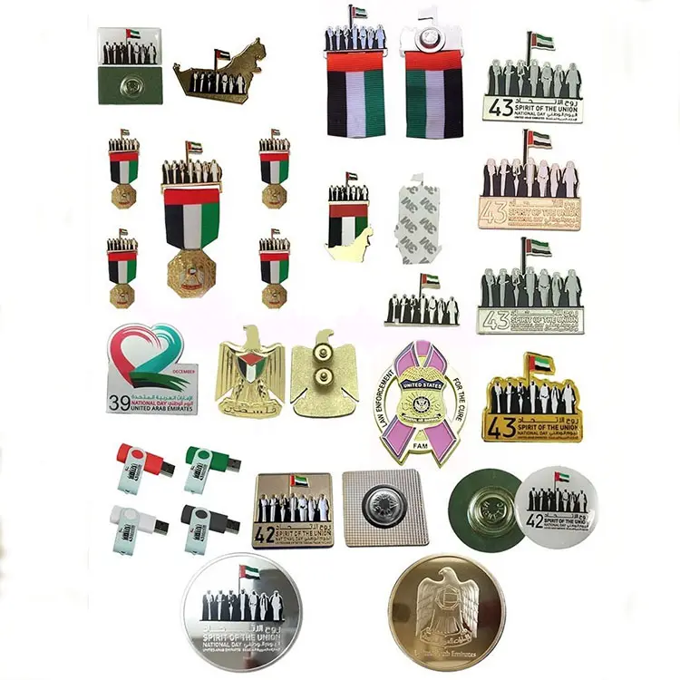Stampo gratuito nessun minimo distintivi in stock Logo personalizzato spilla per emirati arabi uniti distintivo per spilla regalo festa nazionale degli emirati arabi uniti