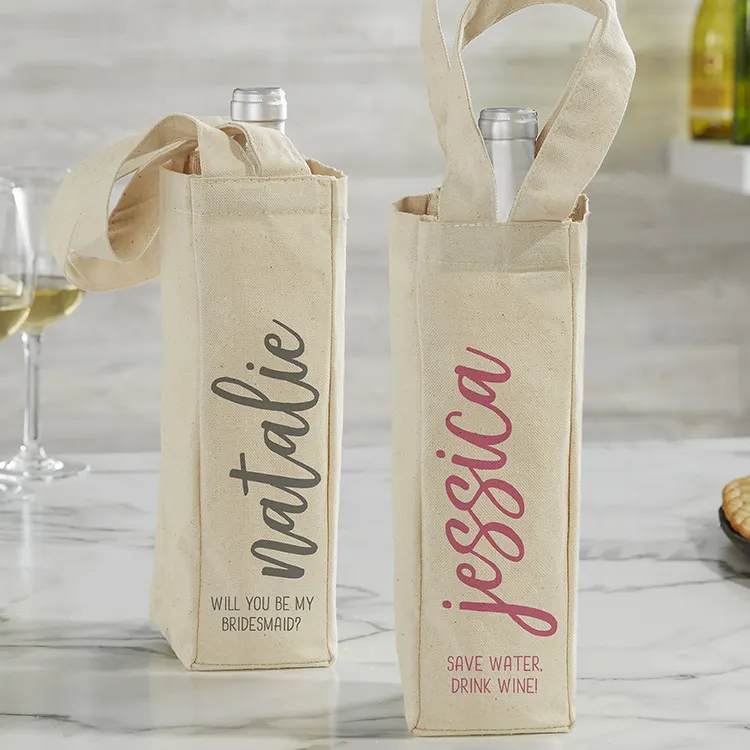 Bolso de algodón con logotipo personalizado impreso, para botella de vino