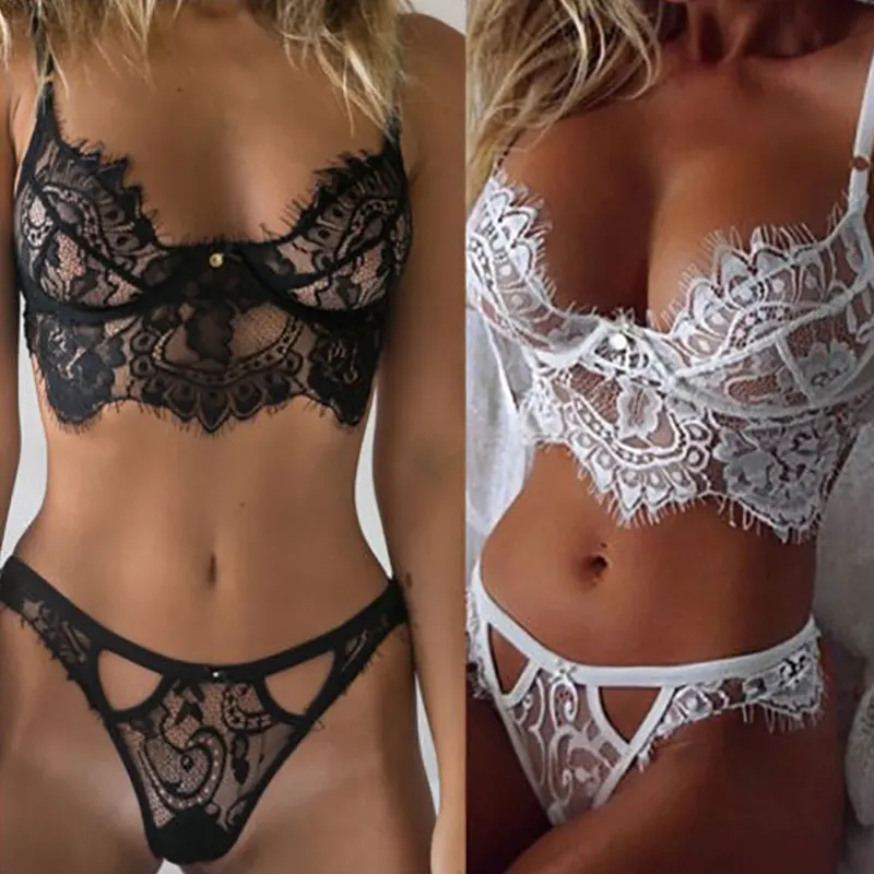 Ensemble de sous-vêtements en dentelle pour femmes, soutien-gorge ajouré, sous-vêtements Sexy, Bikini blanc, string, nouvelle collection