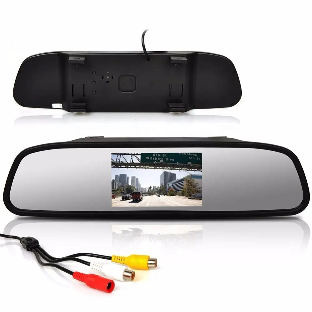 Monitor de espejo retrovisor para coche, pantalla LCD de 2 vías, entrada RCA, 12V-24V, montaje Universal, enganche, 4,3"