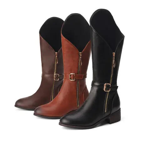Personalizado de lujo de nuevo diseño de cuero de tacón bajo las mujeres de la rodilla de nuevo diseño de tacón grueso botas occidentales de cuero