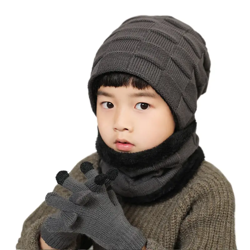 قبعة شتوية للأطفال من ثلاث قطع مبطنة بالصوف للتدفئة للأماكن الخارجية قبعة صوفية للأطفال الأكبر سنًا