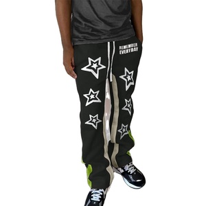 Custom 100% Algodão Estrelas Imprimir Flared <span class=keywords><strong>String</strong></span> Sweatpants para Homens Impressão de tela Logotipo Patchwork Inseam Preto Baggy Sweatpants dos homens