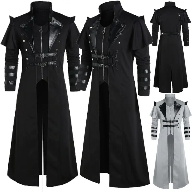 Halloween médiéval Vintage longue veste noir vêtements pour hommes gothique Steampunk Punk Trench hommes surdimensionné rétro guerrier chevalier manteau