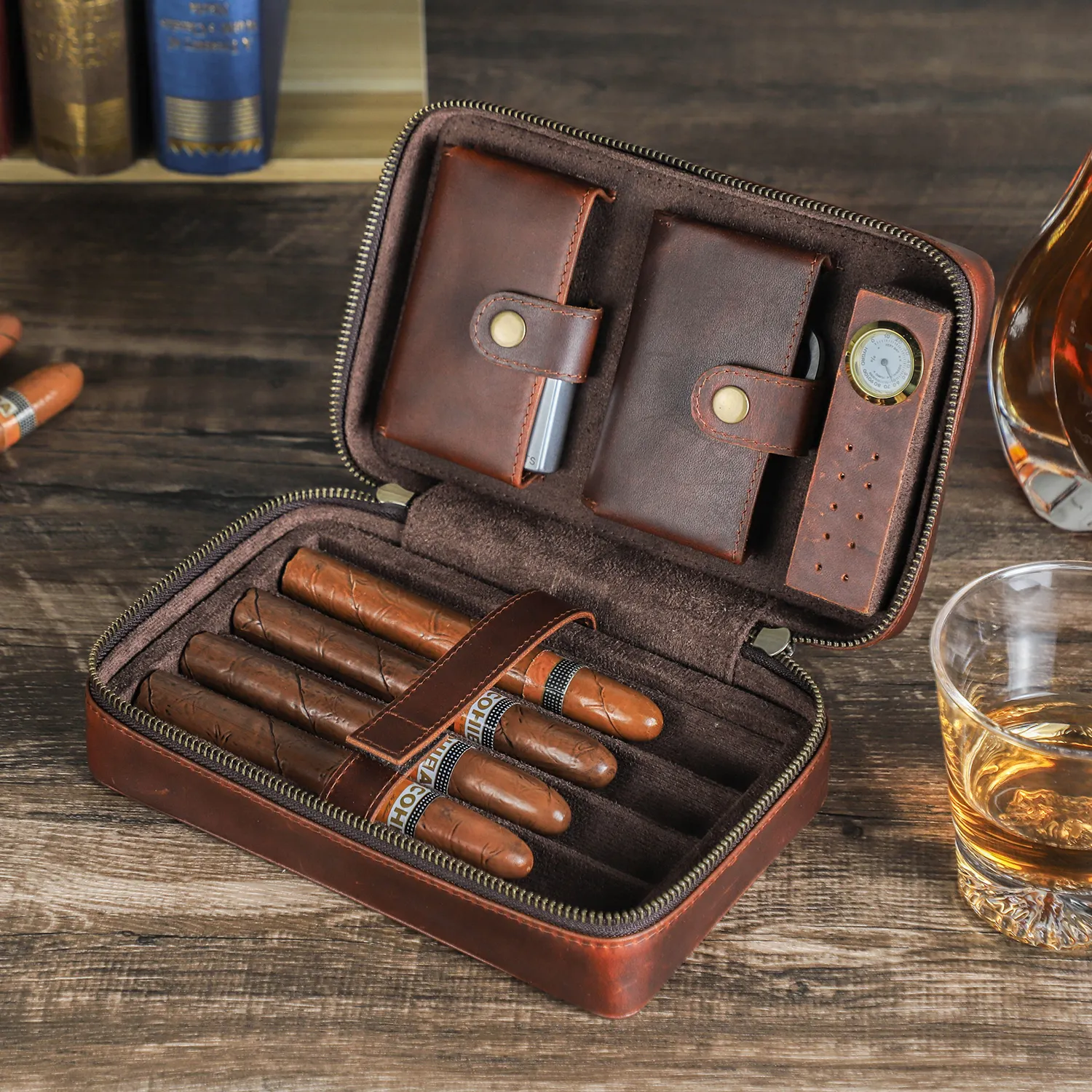 Reisemacher Zigarrenbox Hülle individuell geprägtes Logo Leder Zigarren-Humidor Hülle für 4 Zigarren mit digitalem Hygrometer CF5022