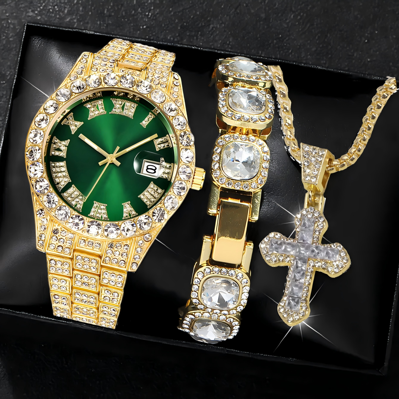Gold green watch + gold white 2pcs set