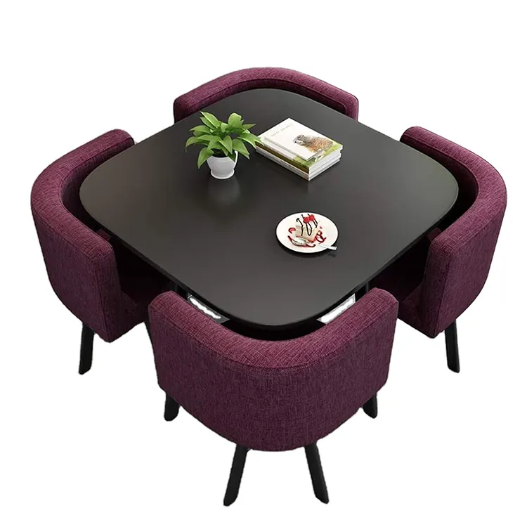 Set ruang makan MDF elegan desain Modern gaya klasik ruang makan warna opsional menghemat meja makan dan 4 kursi kain Set kursi
