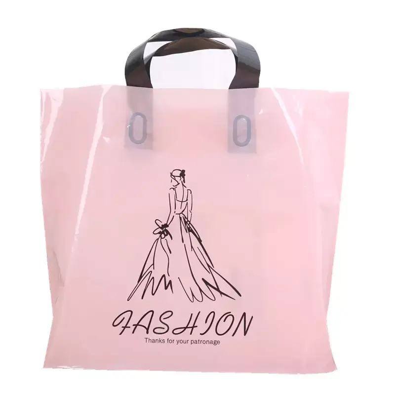 Pemasok Tas Manufaktur Tiongkok Tas Plastik Pegangan Loop Lembut Tas Belanja Kustom dengan Desain Logo untuk Kemasan Pakaian