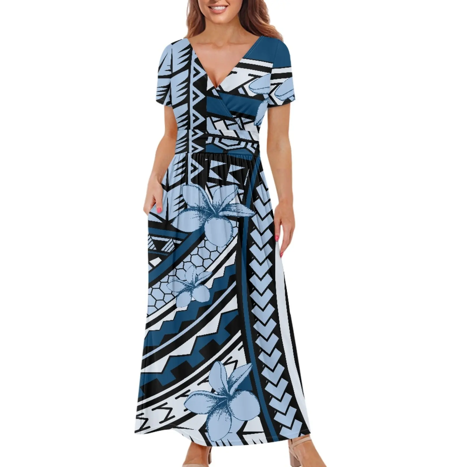 Design personalizzato Dropshipping isola delle isole hawaiane estive da donna abito a maniche corte avvolgente blu vita Maxi abiti con tasche