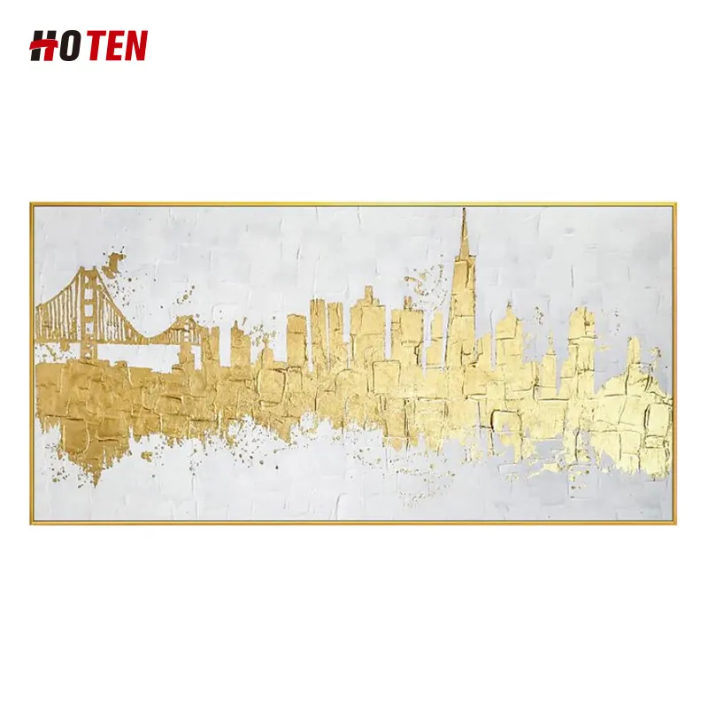 Pintura artística de pared moderna hecha a mano con lámina de oro contemporáneo, paisaje urbano, 100%