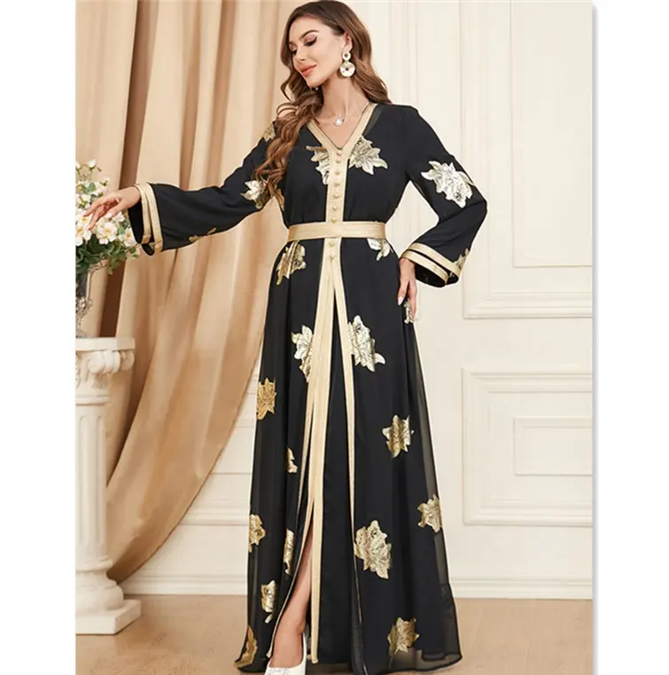Robe brodée à fleurs pour femmes, caftan marocain ceinturé, robe arabe pour femmes, fendue, manches longues, Ramadan Eid musulman, deux pièces Abaya