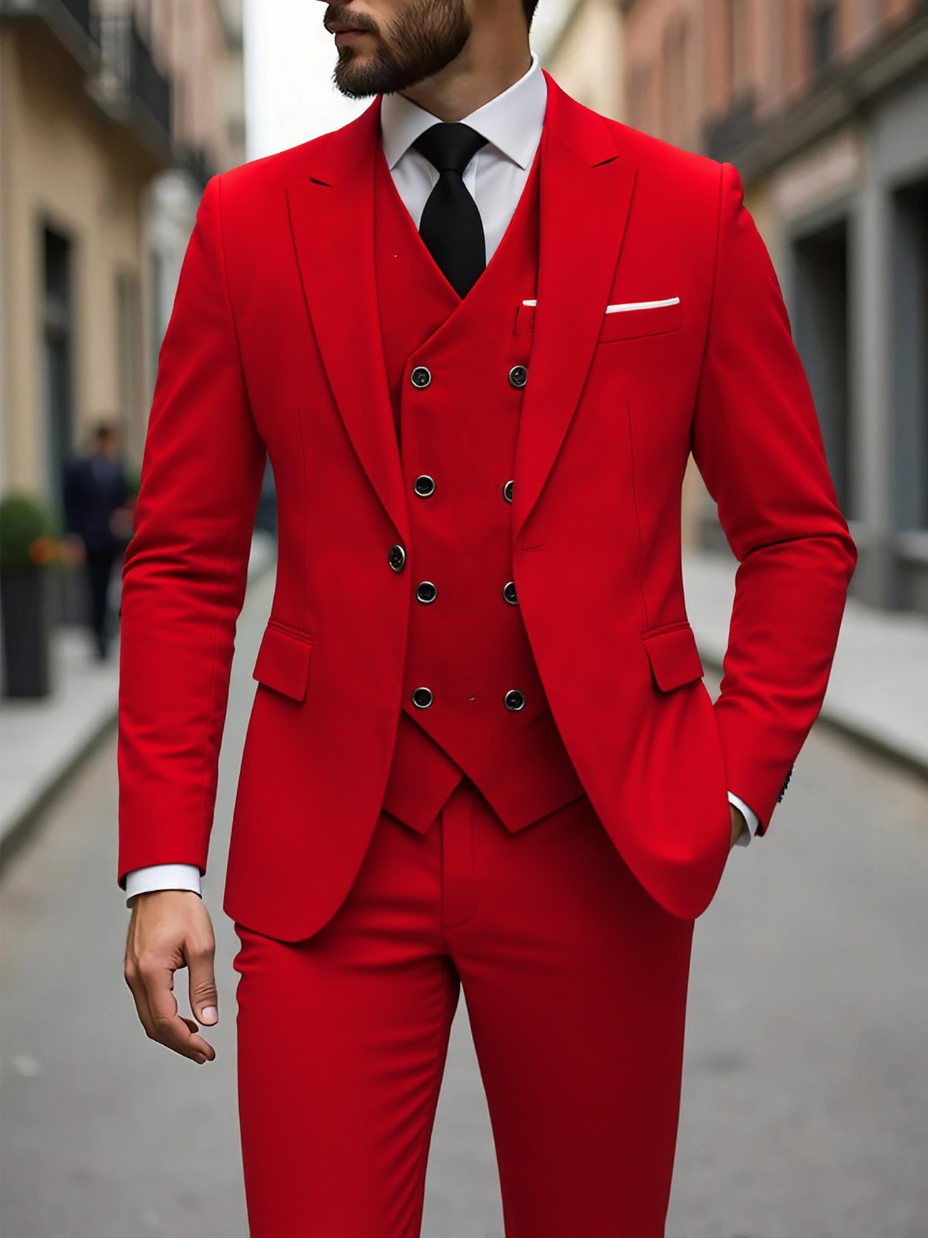 Bright red-top and suit pants