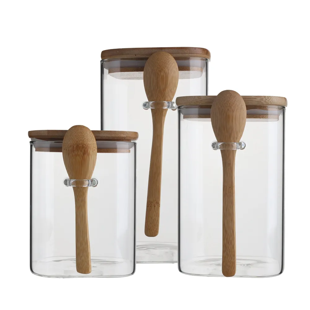 Barattoli di vetro per alimenti vuoti riciclati ermetici in borosilicato da cucina quadrati unici con coperchio a cucchiaio in legno di bambù