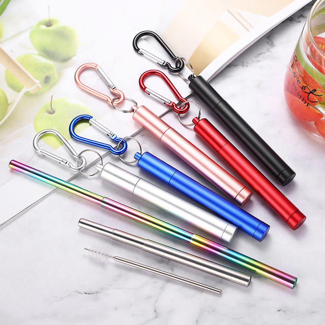 straw set with case and carabiner(silver straw+gold case)