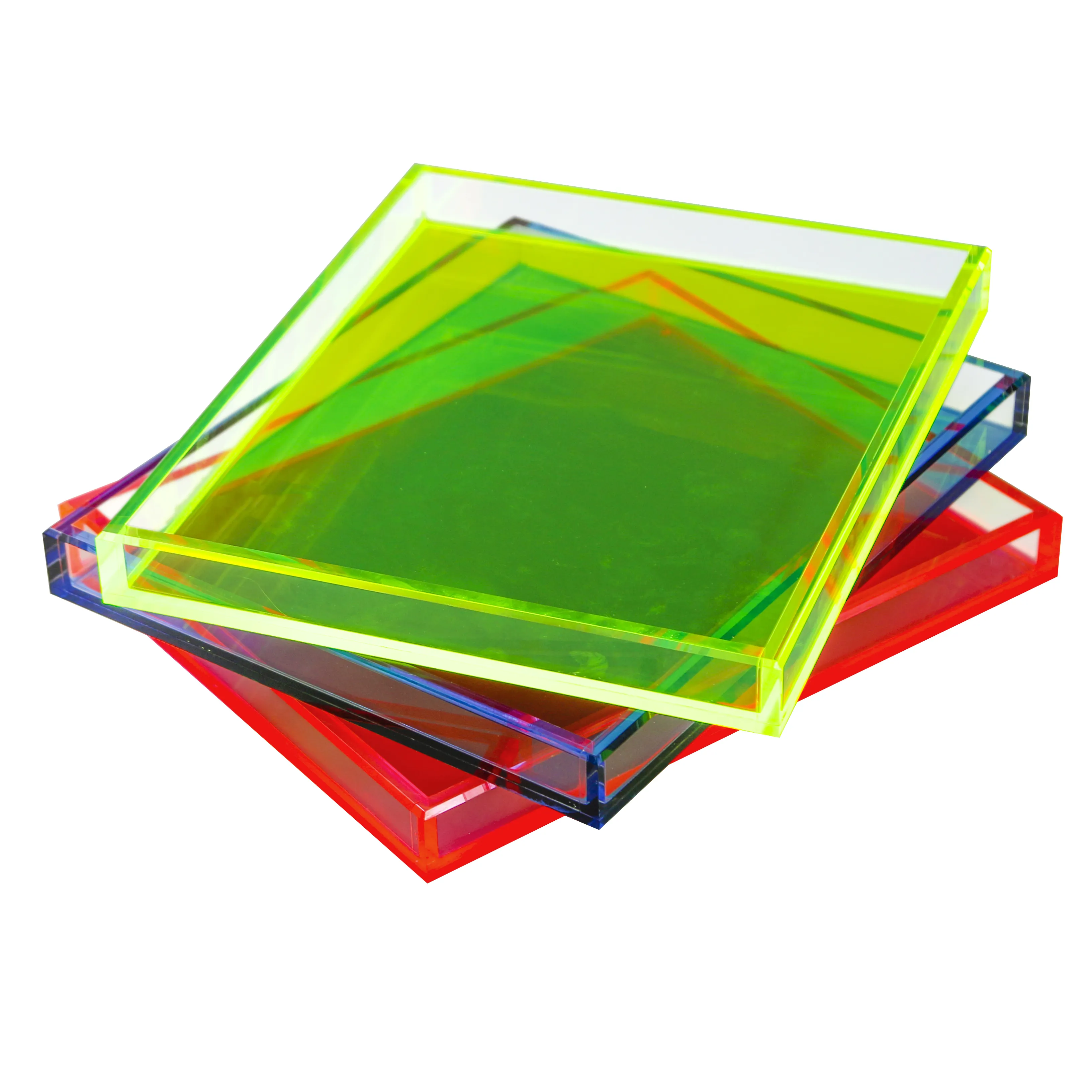 Plateaux de service rectangulaires transparents en acrylique avec fond coloré, vente en gros