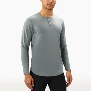 <strong>Performance</strong> Running Workout <strong>Long</strong> Sleeve t Shirts Henley Collar Curved Hem Cotton Men T-shirt