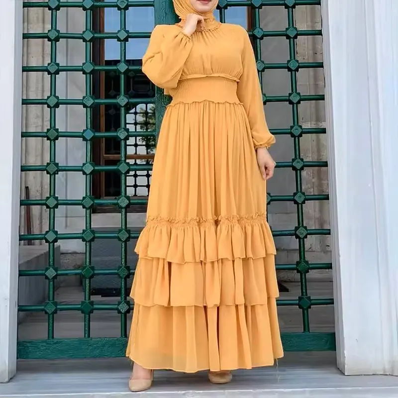 OEM ODM chiffon-Kleid gelb marokkanisches langes geschichtetes muslimisches Kleid Frauen aus islamischer Kleidung ethnische Kleidung