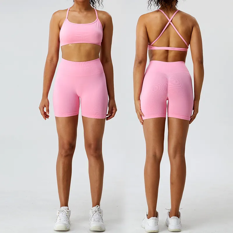 Girls Yoga Fitness Wear Women's High Quality Soft Nylon 2 Piece Summer Scrunch Back Active Shorts And Bra Set