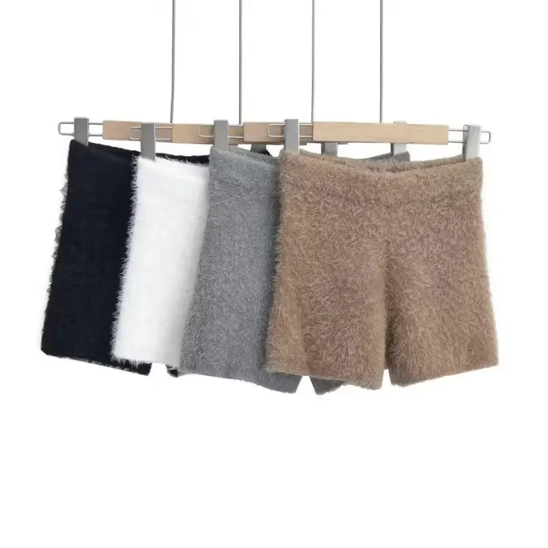Individuelles Logo Übergröße unterhalb des Knies Kordelzug Streetwear Hosen flauschig flauschig gestrickt hochwertige Mohair-Wolle-Shorts für Damen