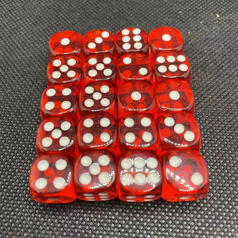 20 unidades de 12mm, redondas, transparentes y rojas.